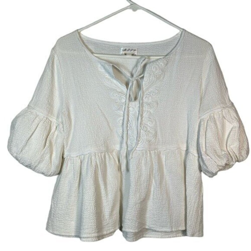 Max Studio Crinkle Melon Puff Sleeves White Peasant Blouse Small EUC #0906-AZ